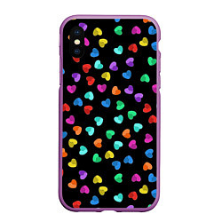Чехол iPhone XS Max матовый Сердечки разноцветные на черном, цвет: 3D-фиолетовый