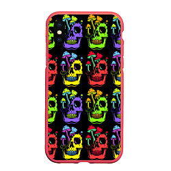 Чехол iPhone XS Max матовый Мухоморы, растущие на черепе, цвет: 3D-красный