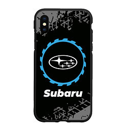 Чехол iPhone XS Max матовый Subaru в стиле Top Gear со следами шин на фоне