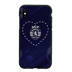 Чехол iPhone XS Max матовый Лого Sporting в сердечке на фоне мячей