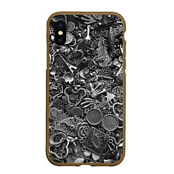 Чехол iPhone XS Max матовый Металлические шильдики и брелоки - стимпанк