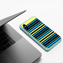 Чехол iPhone XS Max матовый Желто-голубые полосы на черном фоне, цвет: 3D-мятный — фото 2