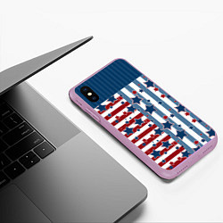 Чехол iPhone XS Max матовый Blue stars on a striped pattern, цвет: 3D-сиреневый — фото 2