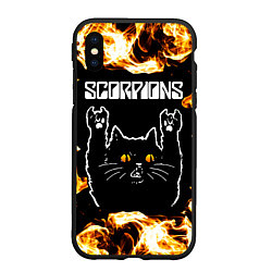 Чехол iPhone XS Max матовый Scorpions рок кот и огонь, цвет: 3D-черный