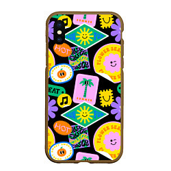 Чехол iPhone XS Max матовый Летние наклейки pop-art паттерн, цвет: 3D-коричневый