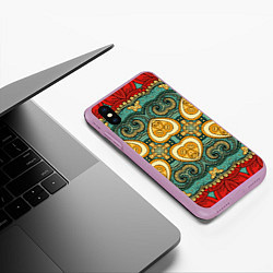 Чехол iPhone XS Max матовый Золотые узоры на бирюзовом фоне, цвет: 3D-сиреневый — фото 2