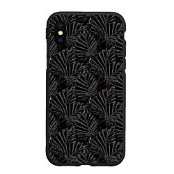 Чехол iPhone XS Max матовый Белые контуры тропических листьев на черном, цвет: 3D-черный