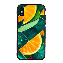 Чехол iPhone XS Max матовый Листья монстеры и дольки апельсинов, цвет: 3D-черный