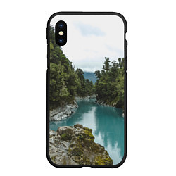 Чехол iPhone XS Max матовый Река, лес и скалы, цвет: 3D-черный