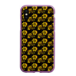 Чехол iPhone XS Max матовый Хохломская роспись цветы на чёрном фоне, цвет: 3D-фиолетовый
