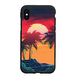 Чехол iPhone XS Max матовый Пальмы и пляж на закате с помехами VHS ретро дизай, цвет: 3D-черный
