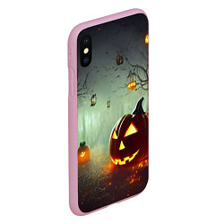 Чехол iPhone XS Max матовый Тыква на Хэллоуин в ночном туманном лесу, цвет: 3D-розовый — фото 2