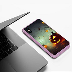 Чехол iPhone XS Max матовый Тыква на Хэллоуин в ночном туманном лесу, цвет: 3D-сиреневый — фото 2