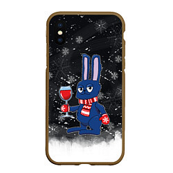 Чехол iPhone XS Max матовый Новогодний кролик с бокалом, цвет: 3D-коричневый