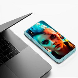 Чехол iPhone XS Max матовый Нейросеть - девушка в стиле киберпанк, цвет: 3D-мятный — фото 2