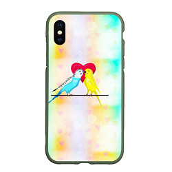 Чехол iPhone XS Max матовый Влюбленные волнистые попугайчики, цвет: 3D-темно-зеленый