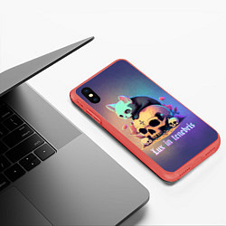 Чехол iPhone XS Max матовый Черный котенок на черепе мрачный неоновый фон, цвет: 3D-красный — фото 2