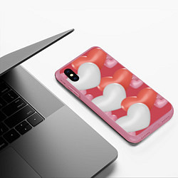 Чехол iPhone XS Max матовый Красно - белые сердца на красном фоне, цвет: 3D-малиновый — фото 2