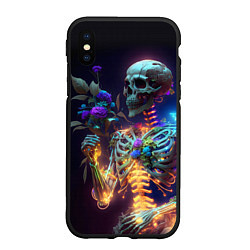 Чехол iPhone XS Max матовый Светящийся скелет с цветами, цвет: 3D-черный