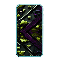 Чехол iPhone XS Max матовый Зеленые листья и фиолетовые вставки, цвет: 3D-мятный