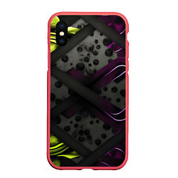 Чехол iPhone XS Max матовый Темная фиолетовая текстура с листьями, цвет: 3D-красный