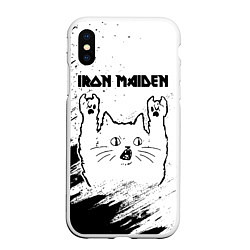 Чехол iPhone XS Max матовый Iron Maiden рок кот на светлом фоне, цвет: 3D-белый