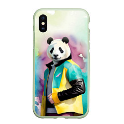 Чехол iPhone XS Max матовый Прикольный панда в модной куртке, цвет: 3D-салатовый