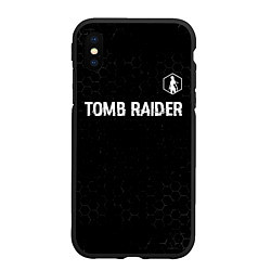 Чехол iPhone XS Max матовый Tomb Raider glitch на темном фоне: символ сверху, цвет: 3D-черный