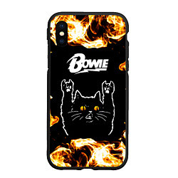 Чехол iPhone XS Max матовый David Bowie рок кот и огонь, цвет: 3D-черный