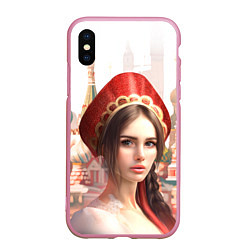 Чехол iPhone XS Max матовый Девушка в кокошнике с косой - кремль, цвет: 3D-розовый