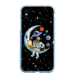 Чехол iPhone XS Max матовый Skeleton astronaut eats pizza while sitting on the, цвет: 3D-голубой
