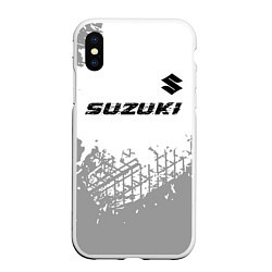 Чехол iPhone XS Max матовый Suzuki speed на светлом фоне со следами шин: симво, цвет: 3D-белый