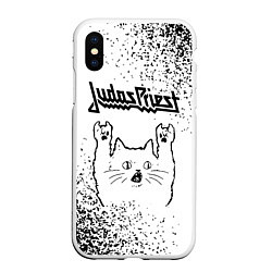 Чехол iPhone XS Max матовый Judas Priest рок кот на светлом фоне, цвет: 3D-белый