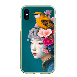 Чехол iPhone XS Max матовый Японка с птицей на фоне цветущей сакуры, цвет: 3D-салатовый