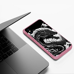 Чехол iPhone XS Max матовый Черно-белый дракон и волны, цвет: 3D-малиновый — фото 2