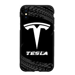 Чехол iPhone XS Max матовый Tesla speed на темном фоне со следами шин, цвет: 3D-черный