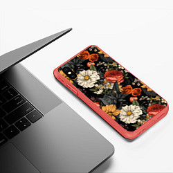 Чехол iPhone XS Max матовый Цветочный паттерн на черном, цвет: 3D-красный — фото 2