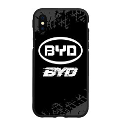 Чехол iPhone XS Max матовый BYD speed на темном фоне со следами шин, цвет: 3D-черный