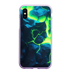 Чехол iPhone XS Max матовый Неоновый зеленый разлом плит, цвет: 3D-сиреневый