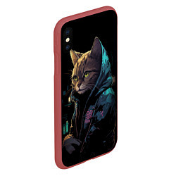 Чехол iPhone XS Max матовый Кот в стиле киберпанк, цвет: 3D-красный — фото 2