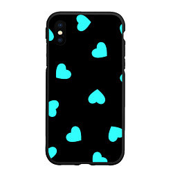 Чехол iPhone XS Max матовый С голубыми сердечками на черном, цвет: 3D-черный