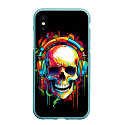 Чехол iPhone XS Max матовый Яркий череп в наушниках нарисованный красками, цвет: 3D-мятный