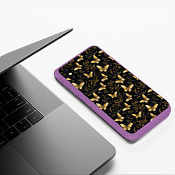 Чехол iPhone XS Max матовый Золотые бабочки на черном фоне, цвет: 3D-фиолетовый — фото 2