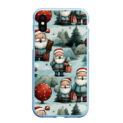 Чехол iPhone XS Max матовый Рождественский узор с Санта Клаусами, цвет: 3D-голубой