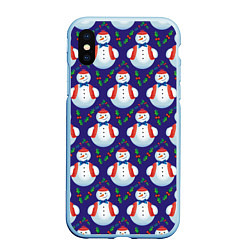 Чехол iPhone XS Max матовый Милые снеговики - зимний узор, цвет: 3D-голубой