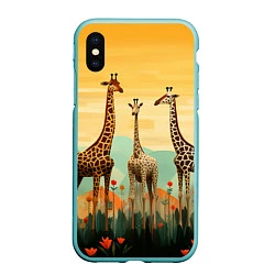 Чехол iPhone XS Max матовый Три жирафа в стиле фолк-арт, цвет: 3D-мятный