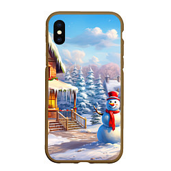 Чехол iPhone XS Max матовый Новогодняя деревня и снеговик, цвет: 3D-коричневый