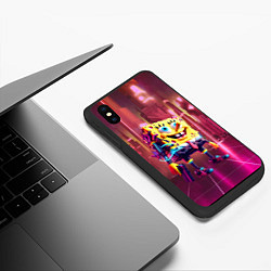 Чехол iPhone XS Max матовый Губка Боб с пистолетом в неоновом городе, цвет: 3D-черный — фото 2