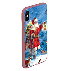 Чехол iPhone XS Max матовый Дед Мороз в лесу с животными, цвет: 3D-малиновый — фото 2