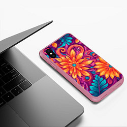 Чехол iPhone XS Max матовый Цветы и листья узор, цвет: 3D-малиновый — фото 2